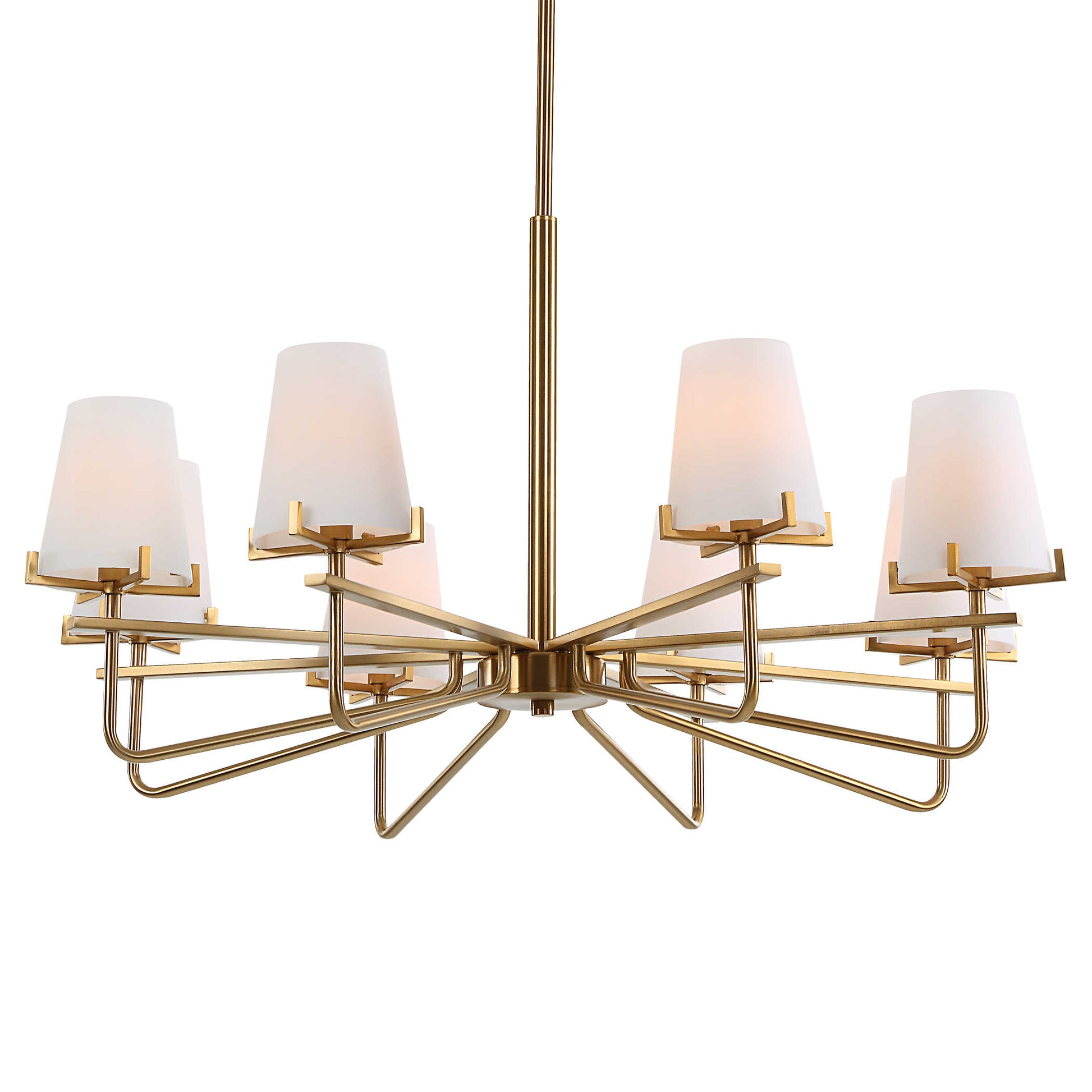 White background lighted brass chandelier.