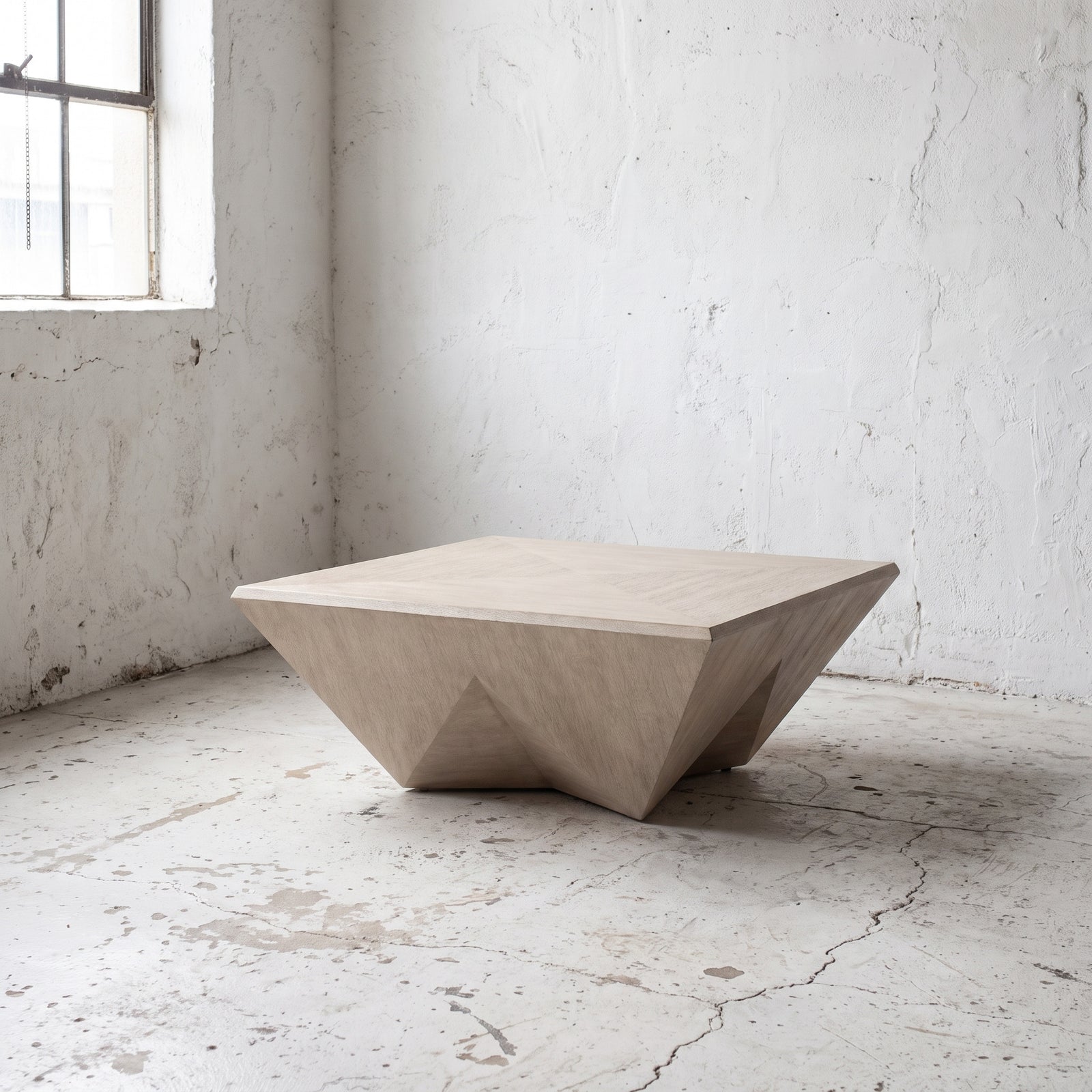 A modern geometric concrete coffee table in a light beige finish, set in a minimalist room with textured white walls and a concrete floor.