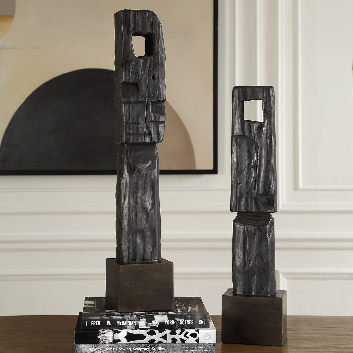 Modern wood sculpture.