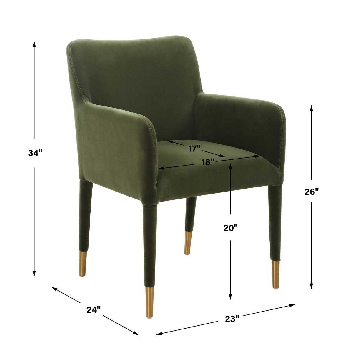 Dimensions of green armchair with dimensions marked on a white background