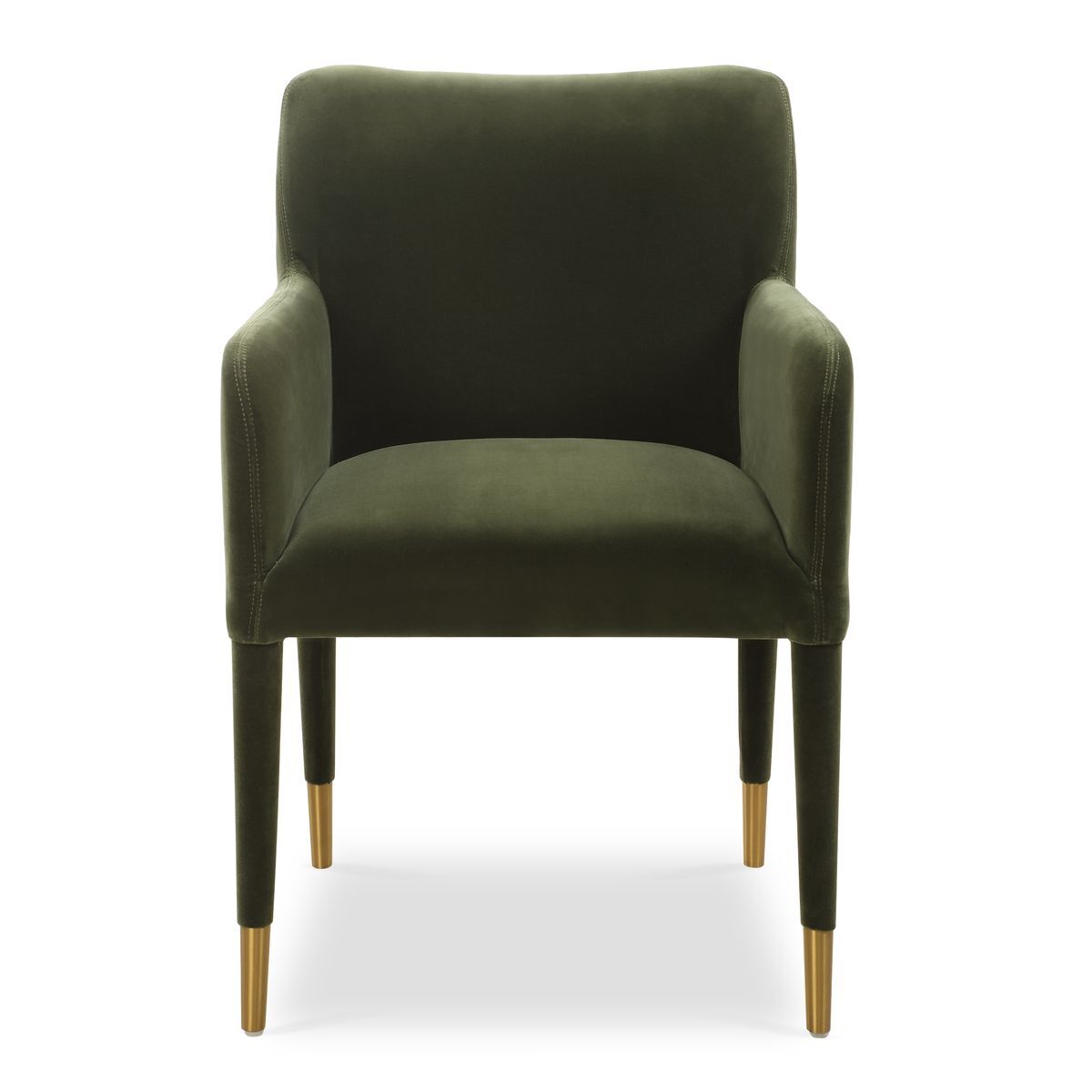 Green velvet armchair with gold legs on a white background
