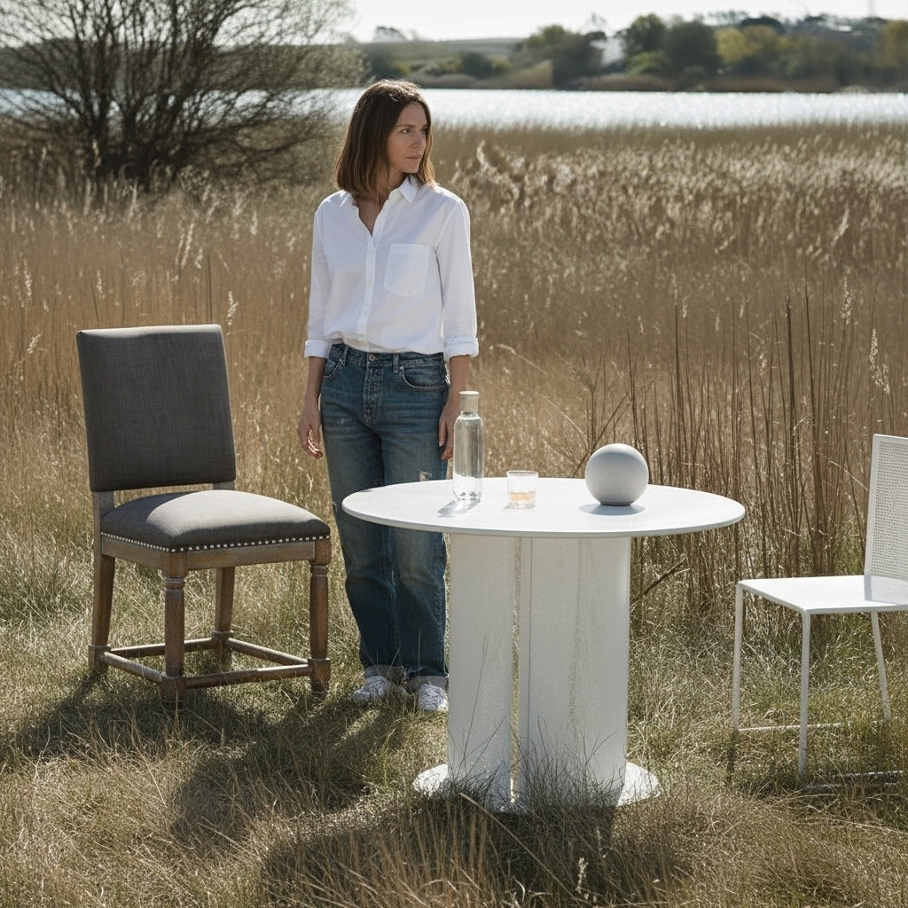 Woman standing next to a white table with chairs in a field