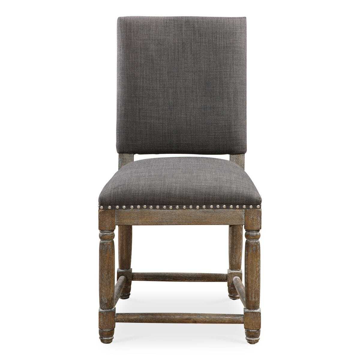 Gray upholstered chair with wooden frame on a white background