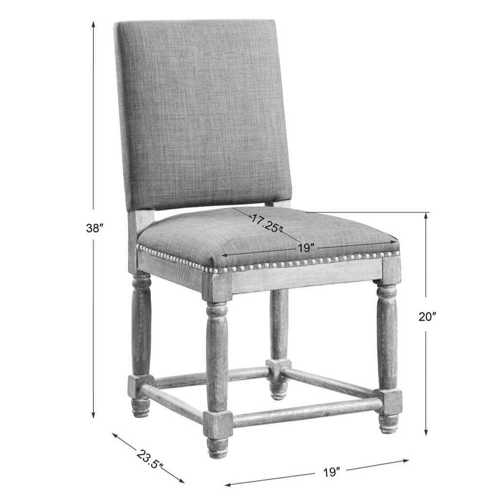Gray upholstered chair with dimensions labeled on a white background