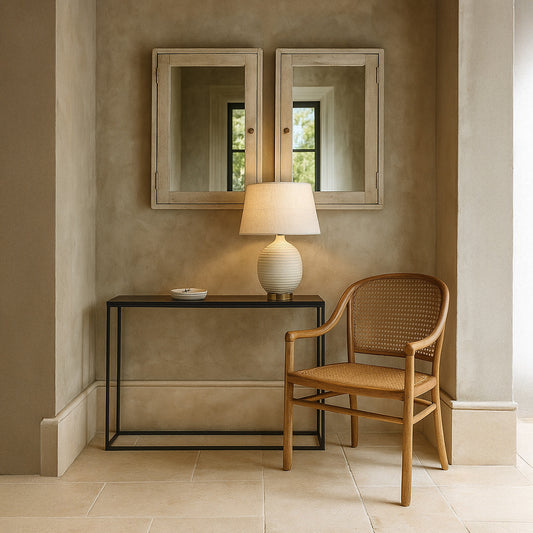 Narrow black console table.