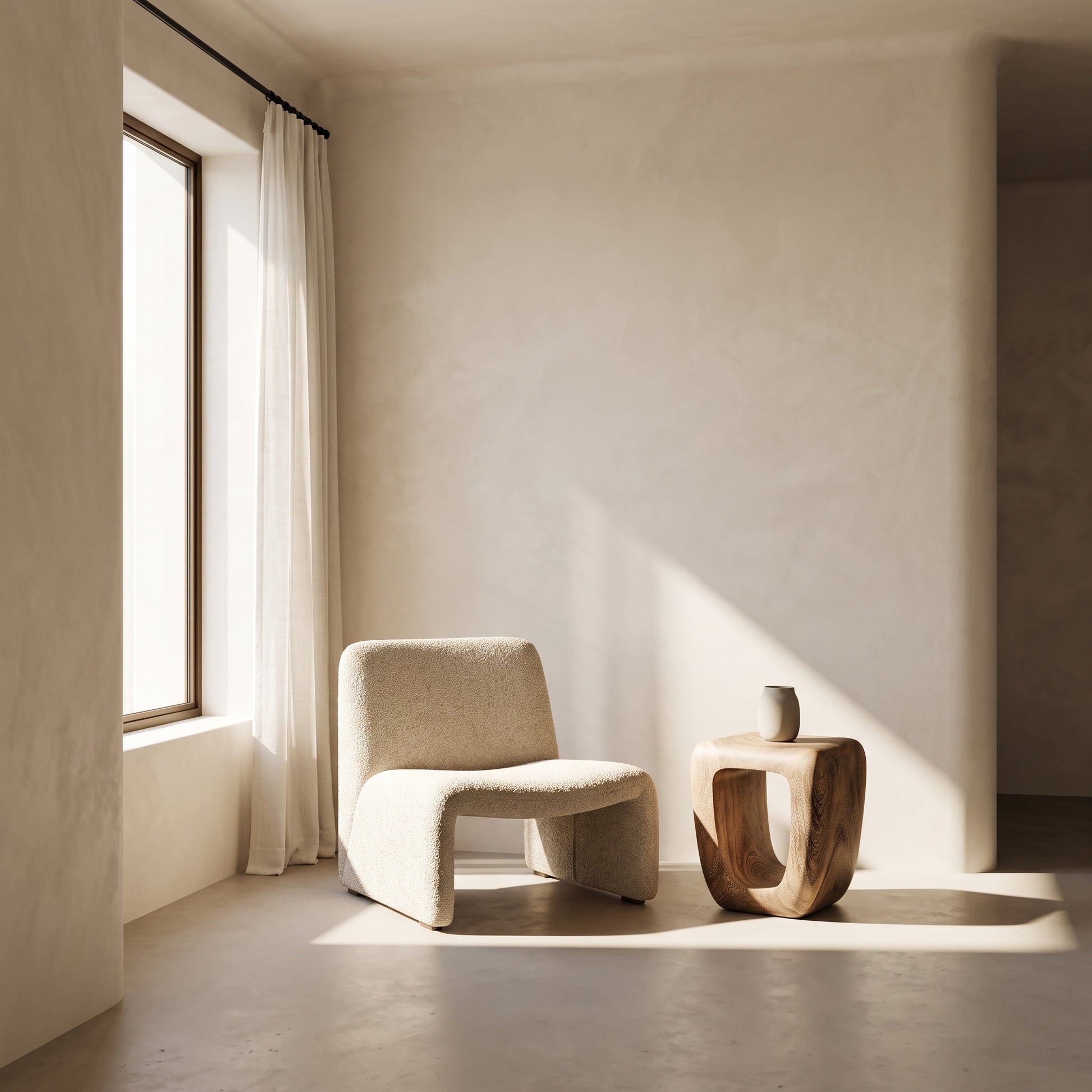 A modern sculptural armchair in textured beige upholstery sits in a minimalist room with a window, sheer curtains, and a small wooden side table beside it.