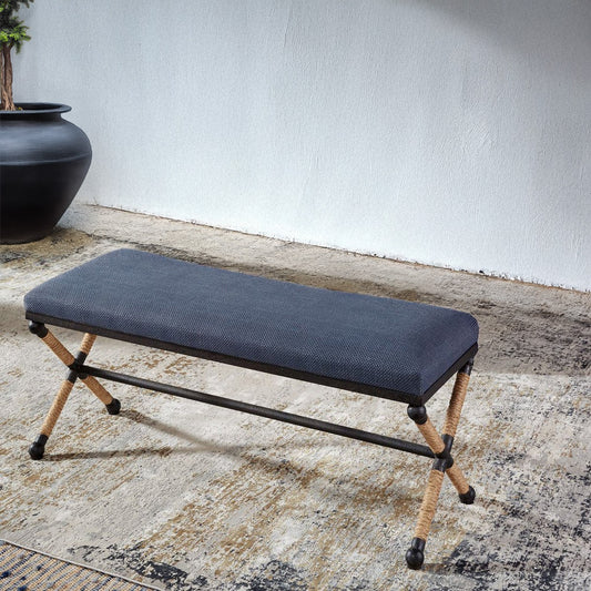 Beach House Navy Bench on Abstract Carpet and Plant.