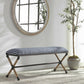 Nautical striped bench navy and white with coastal mirror and olive tree.