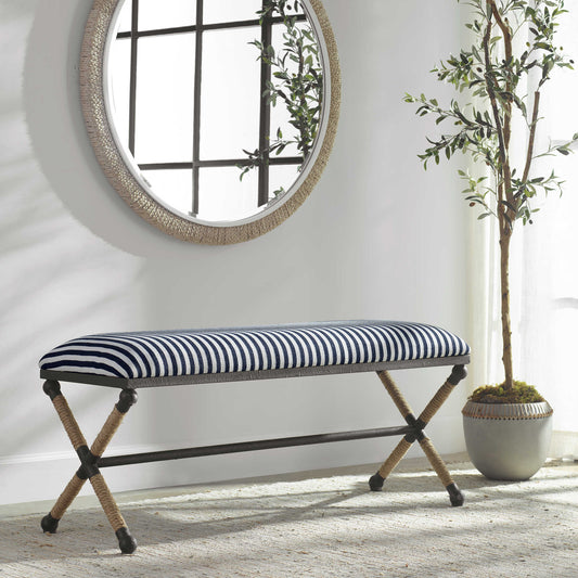 Nautical striped bench navy and white with coastal mirror and olive tree.