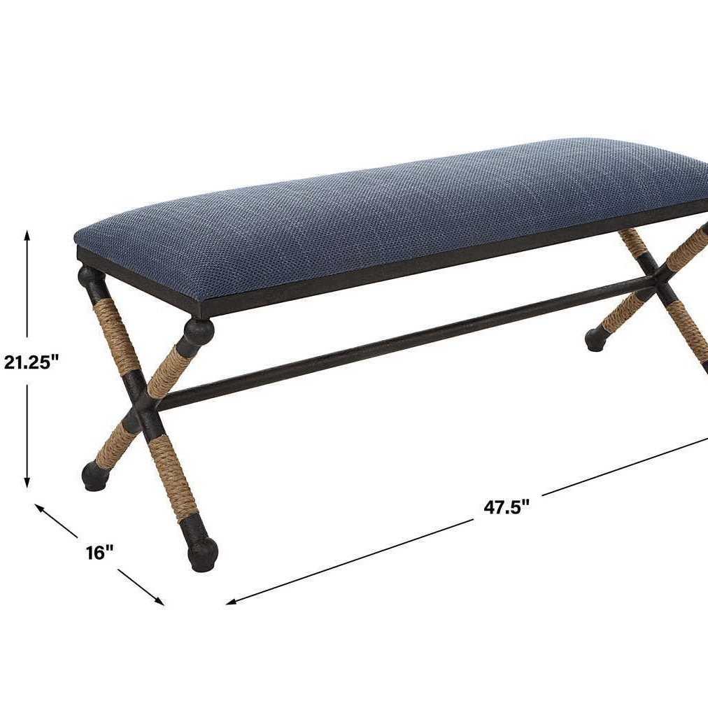 Bench with blue cushion and metal frame, shown with dimensions on a white background