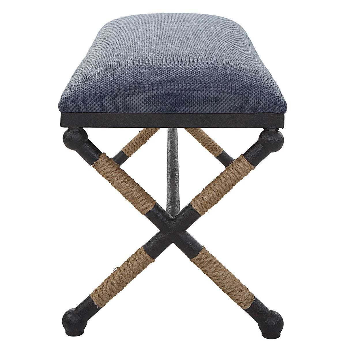 Stool with blue cushioned seat and black metal frame with woven rope legs on a white background