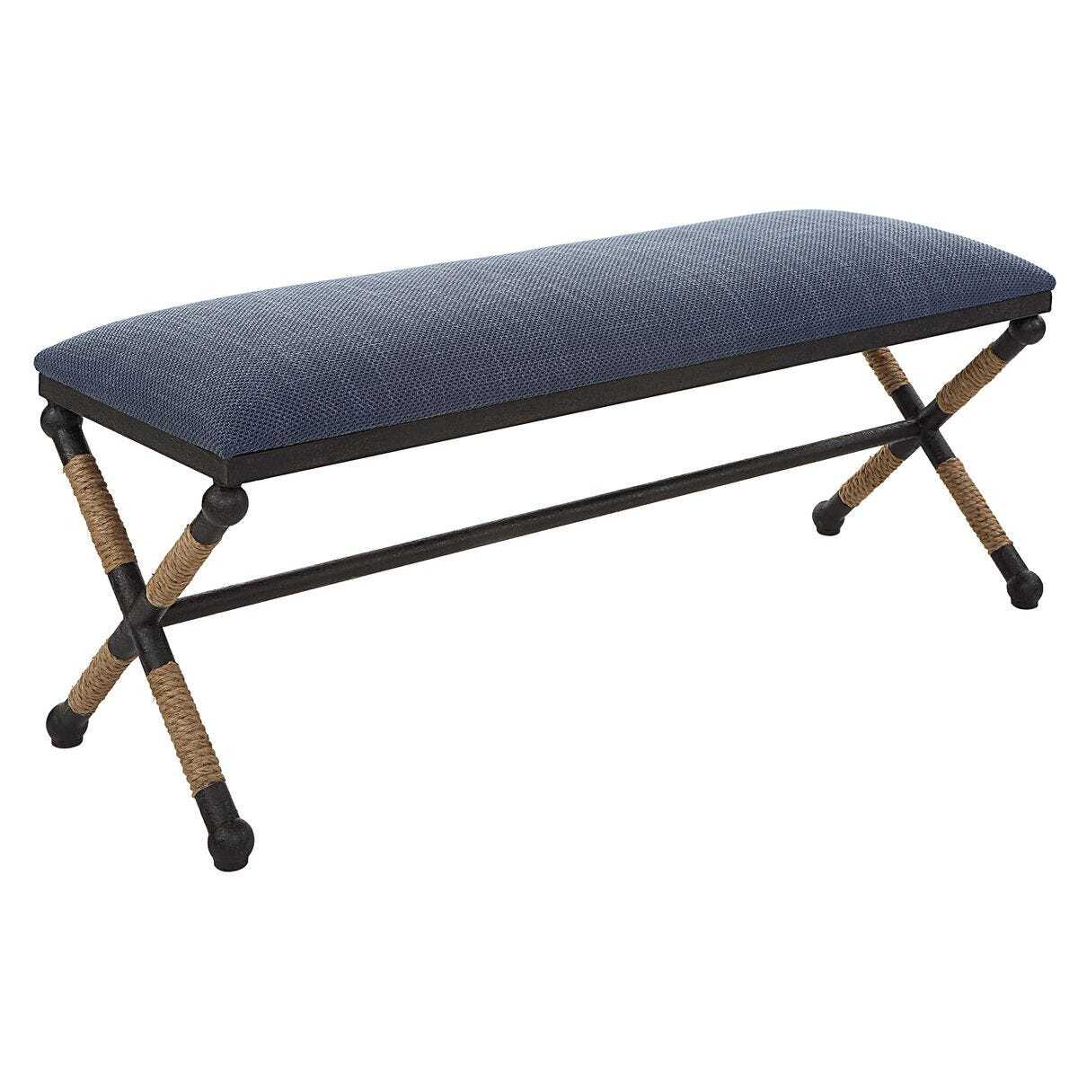 Blue cushioned bench with black and brown legs on a white background