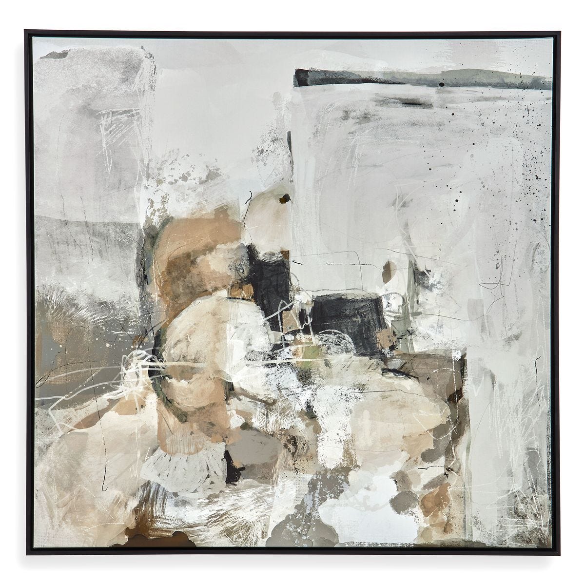 Abstract art piece with a mix of white, beige, and black colors on a textured background.