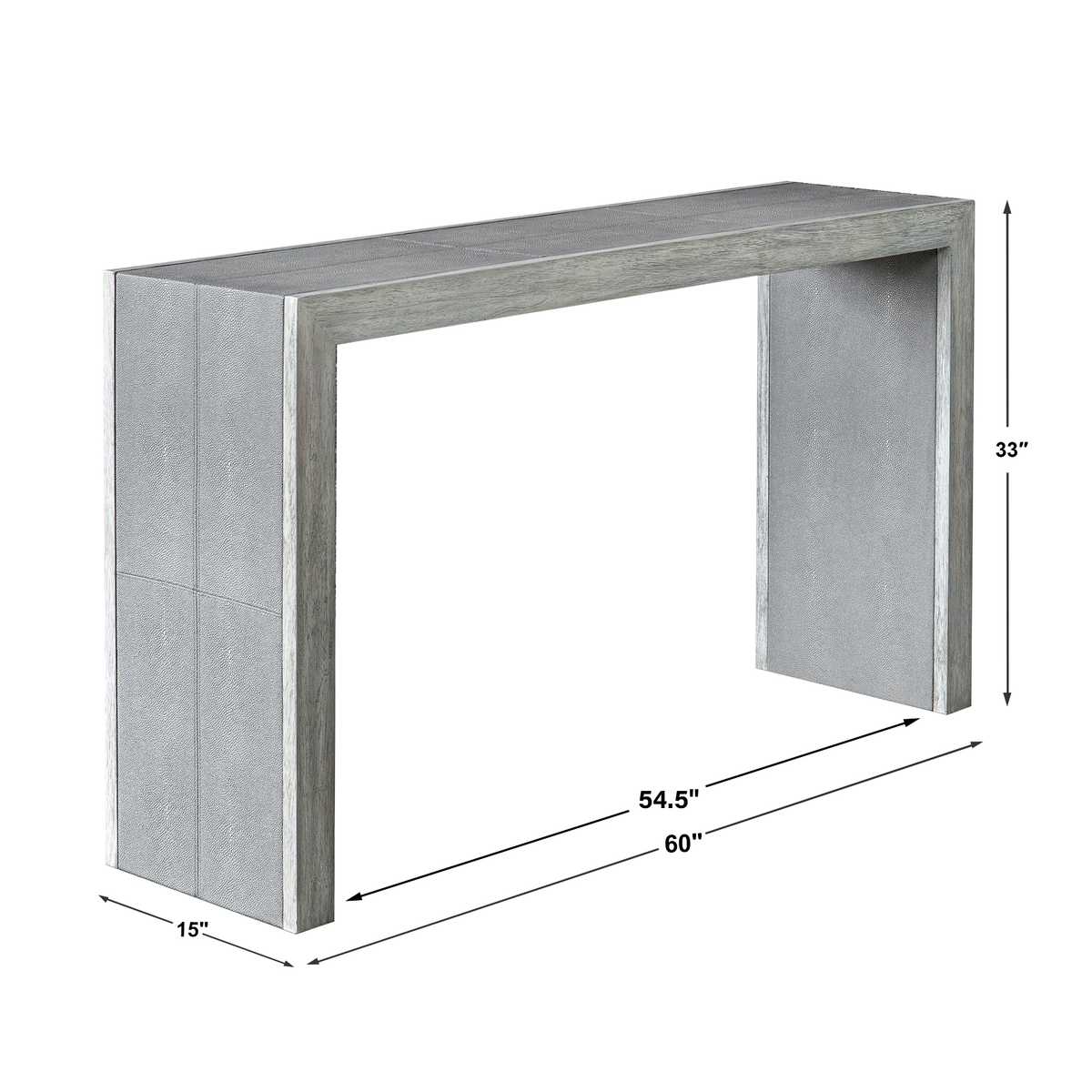 Gray console table with dimensions on a white background