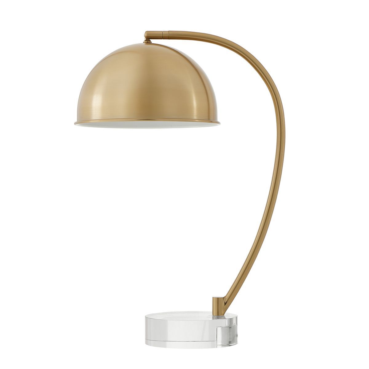 Gold table lamp with curved arm on a white background