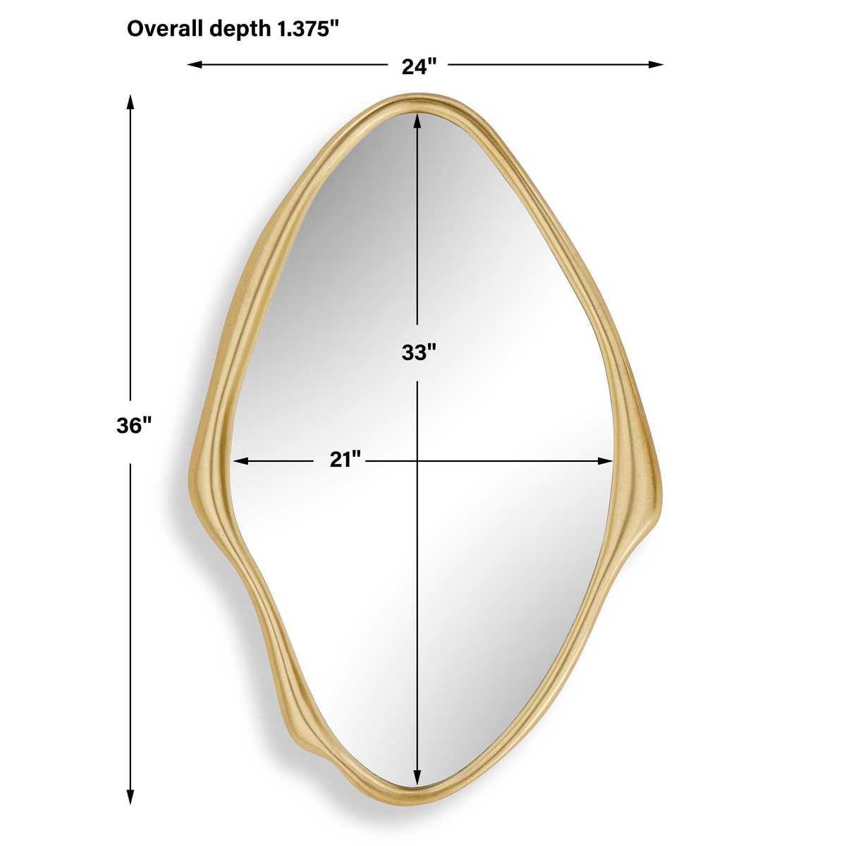 Gold-framed mirror with dimensions on a white background