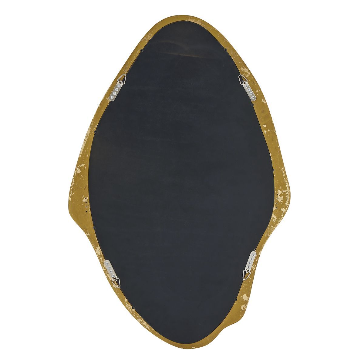 An organic-shaped wall mirror with a distressed gold frame and a dark charcoal black reflective surface, shown against a plain white background.