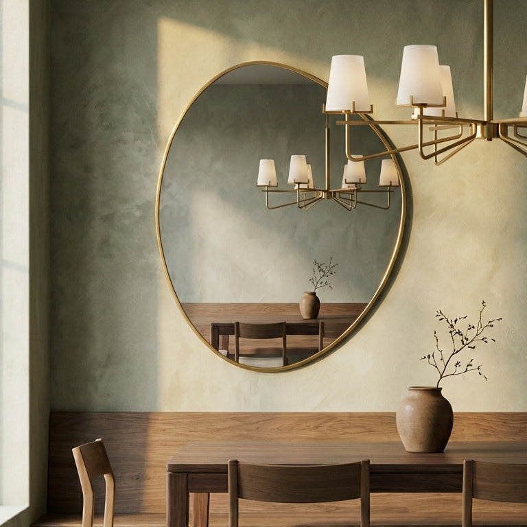 Dining room with wooden table, chairs, round mirror, and chandelier.