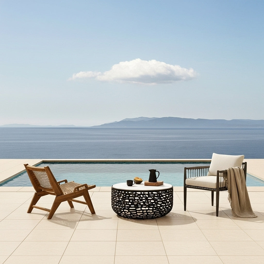 Outdoor seating area with chairs and a table by a pool with a scenic view of mountains and sea.