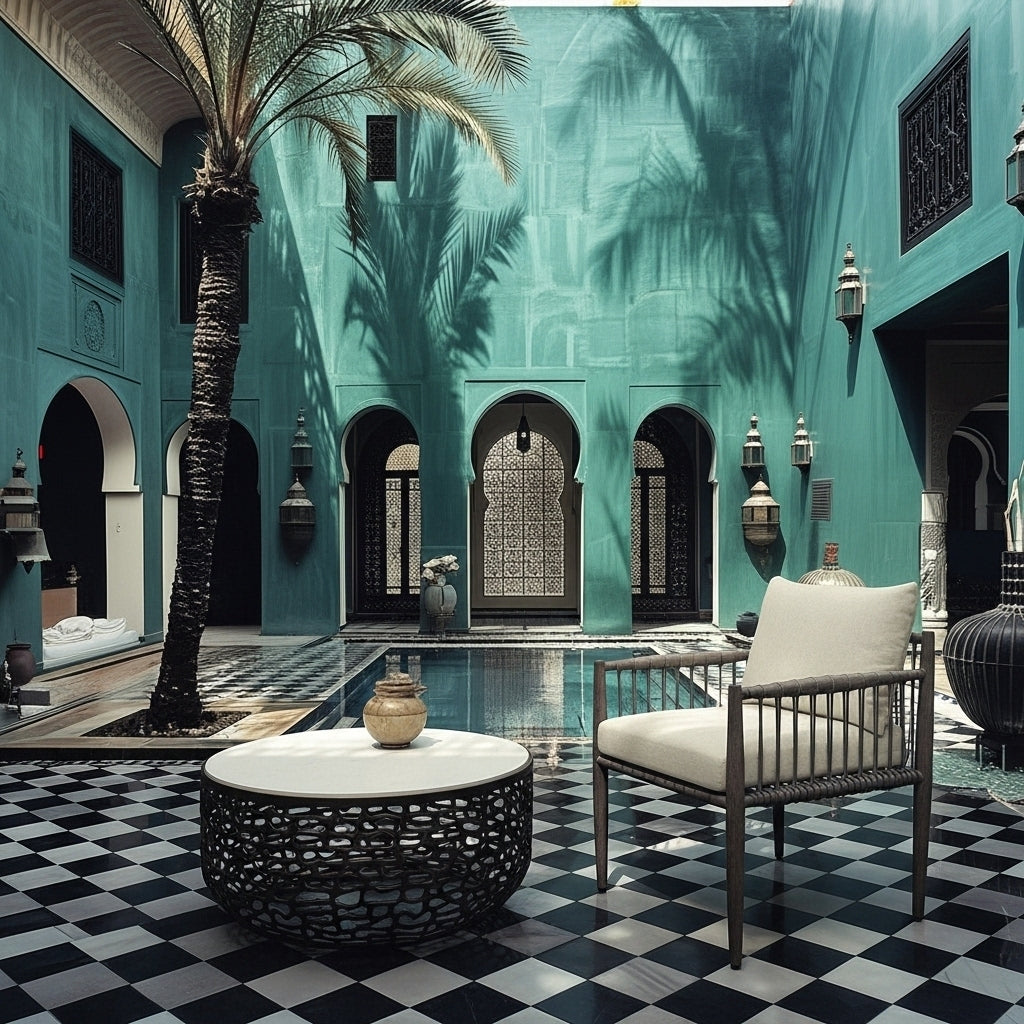 Decorative courtyard with checkered floor, palm tree, and chairs.