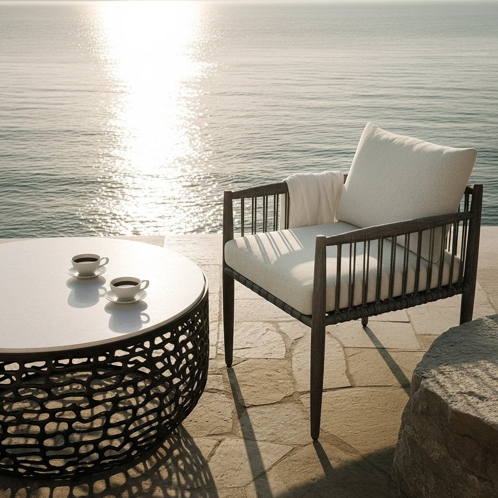 Chair and table set by a body of water with sunlight reflecting on the water.