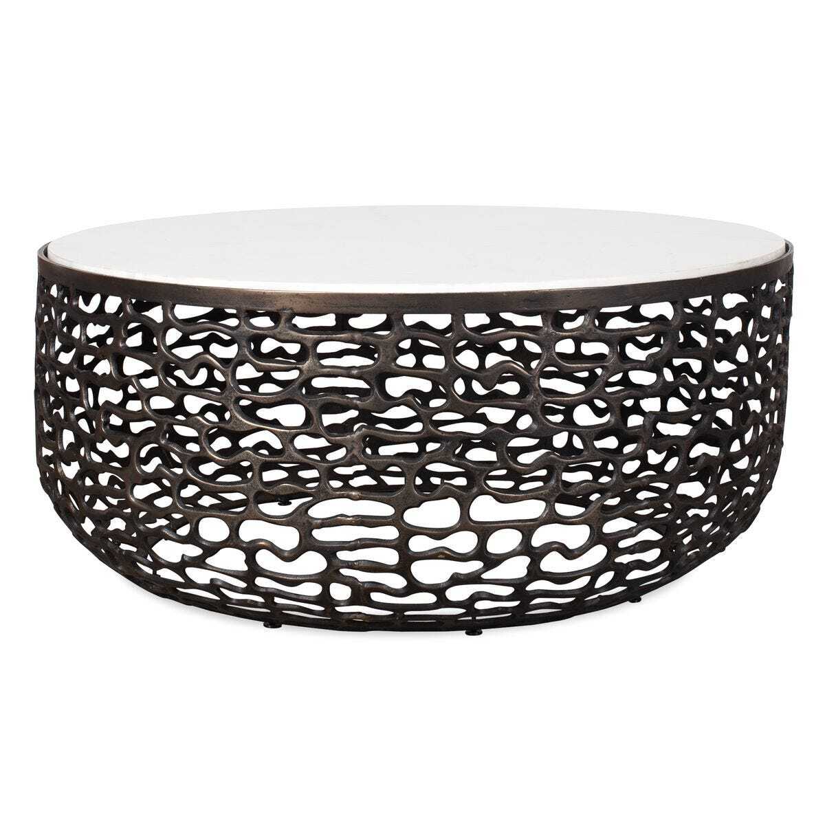 Decorative coffee table with black lattice design and white top on a white background
