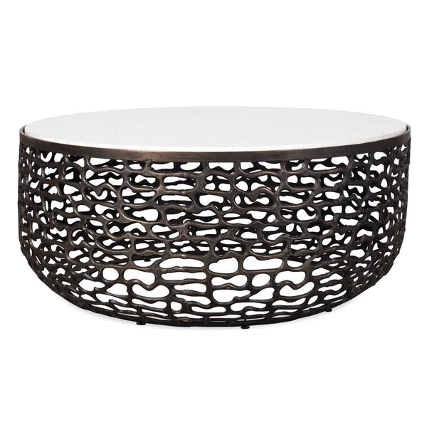 Decorative coffee table with black lattice design and white top on a white background