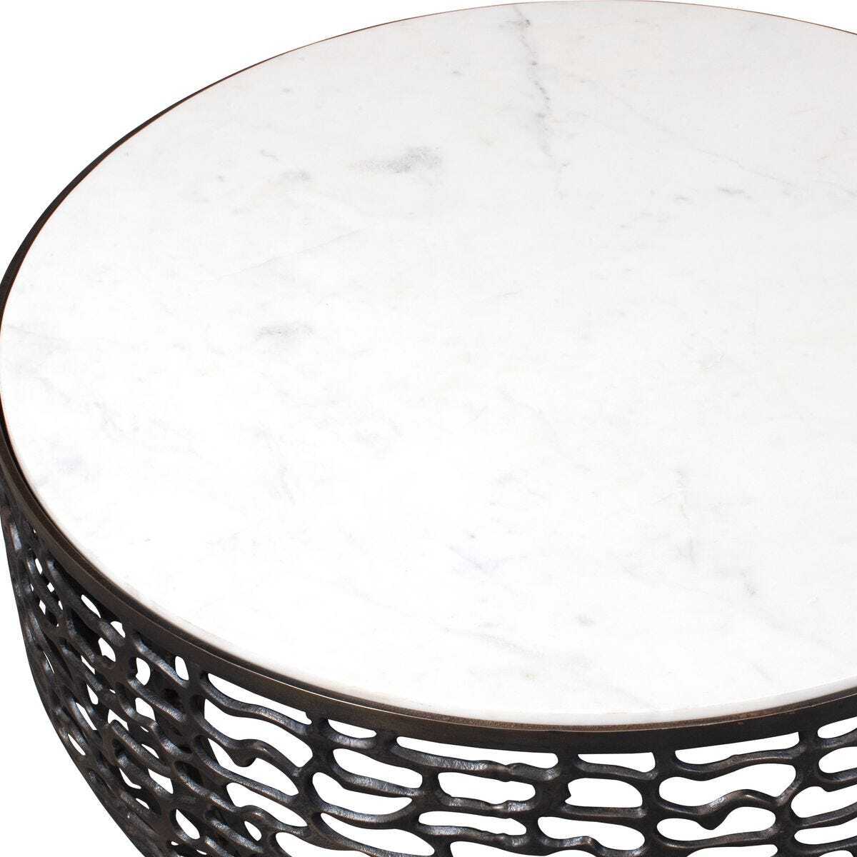 Round marble table with a black metal base on a white background