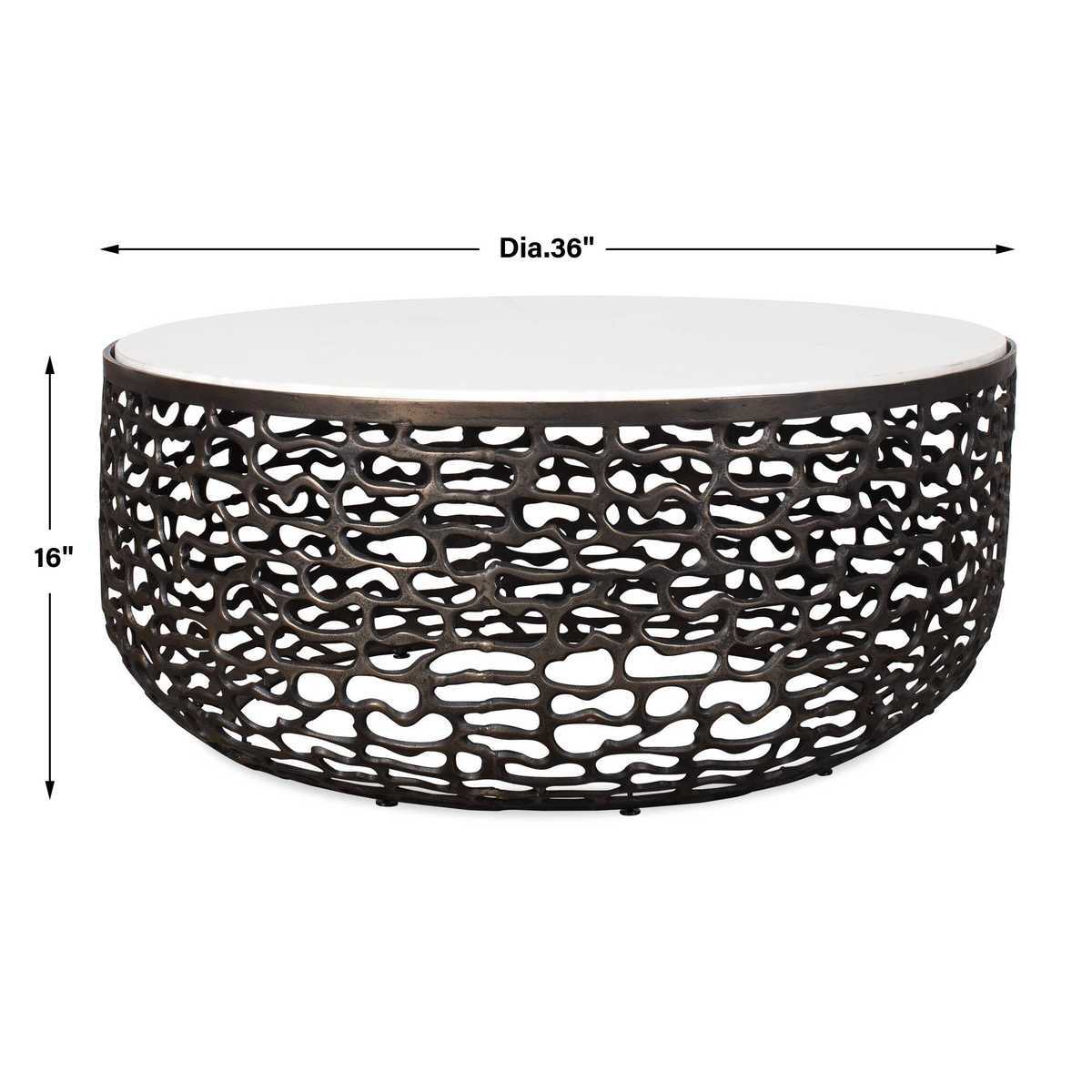 Decorative coffee table with cut-out design and dimensions on a white background