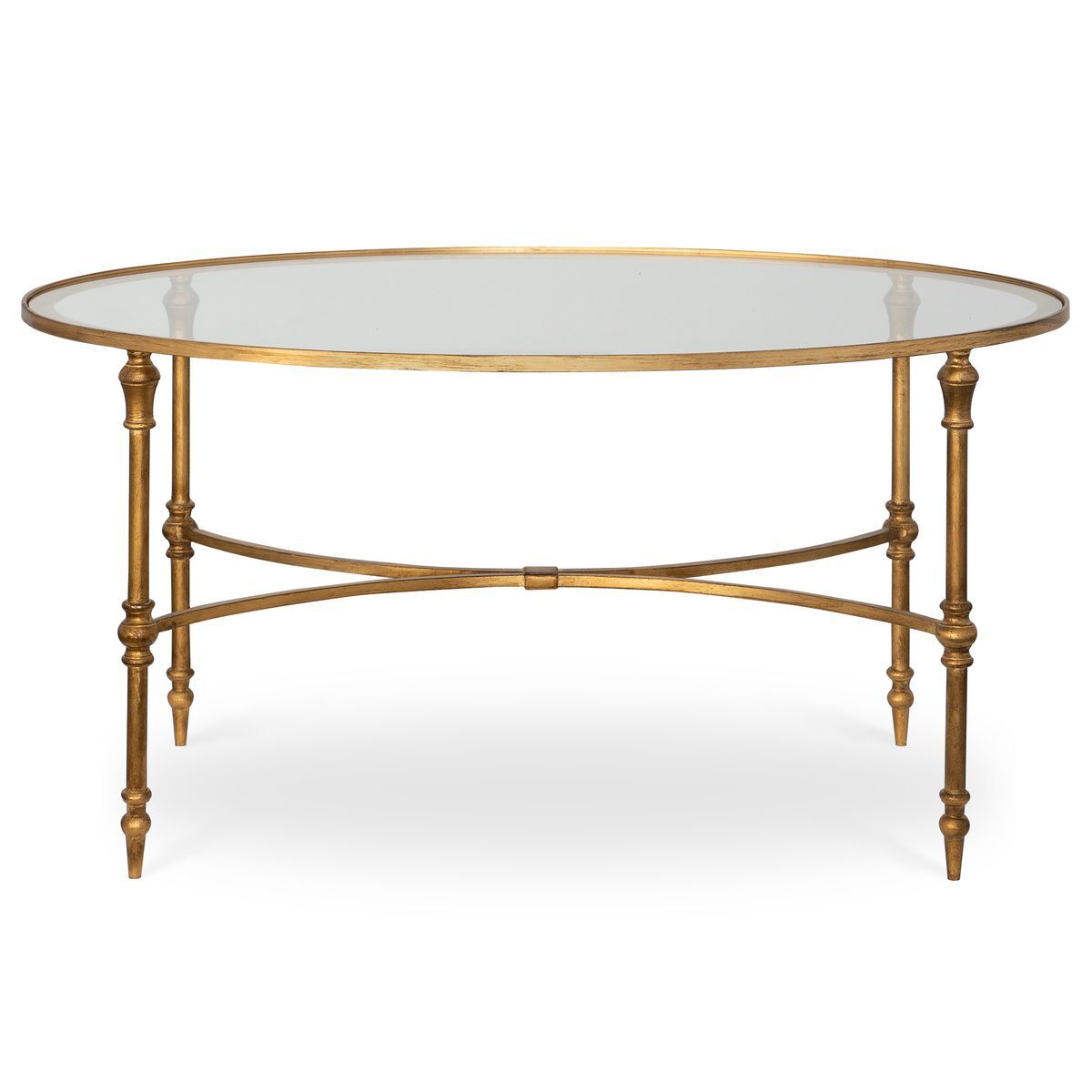Round glass table with gold metal frame on a white background