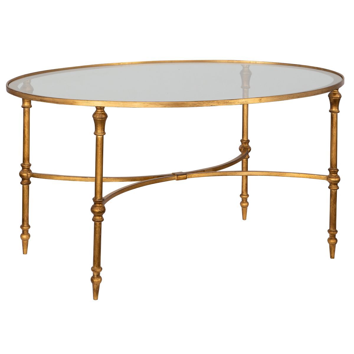 Round glass table with gold metal frame on a white background
