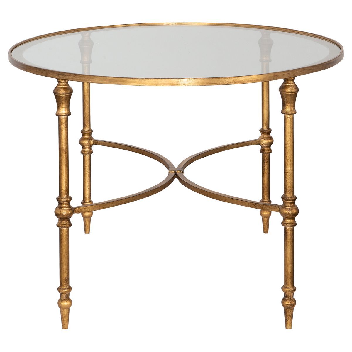 Round glass table with gold metal frame on a white background