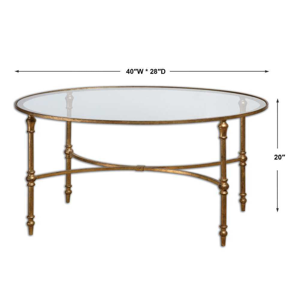 Round glass coffee table with gold metal legs and dimensions on a white background