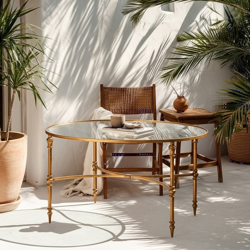 Round glass table with wooden legs in a sunlit room with plants