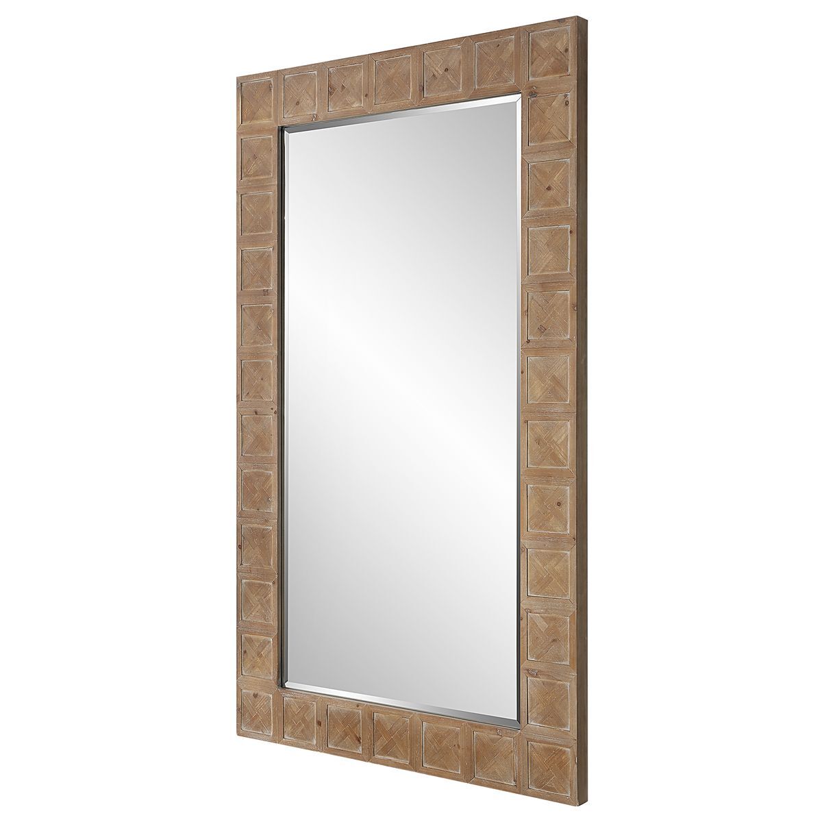 Rectangular mirror with a decorative brown frame on a white background