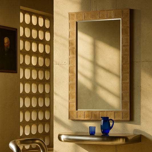 Rectangular mirror with a decorative brown frame on a white background
