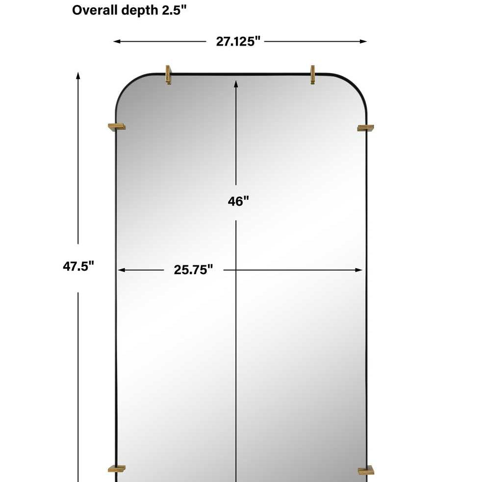 Rectangular mirror with gold frame and dimensions on a white background
