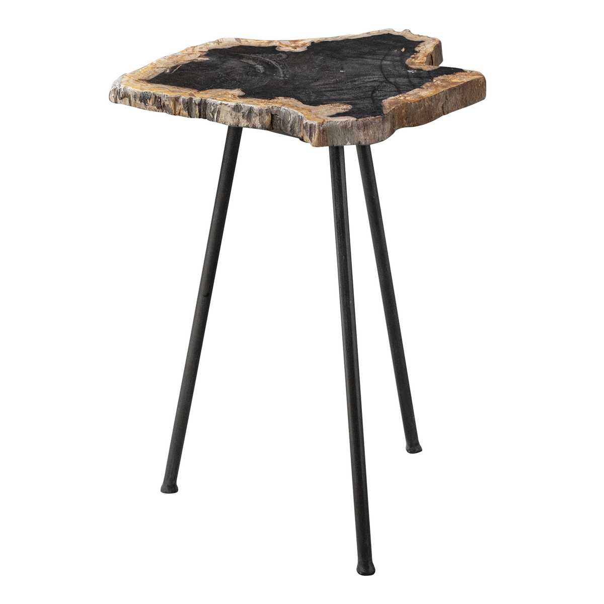 Side table with natural wood top and black metal legs on a white background