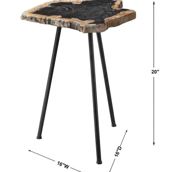 Hexagonal side table with natural wood top and black metal legs, shown with dimensions on a white background.