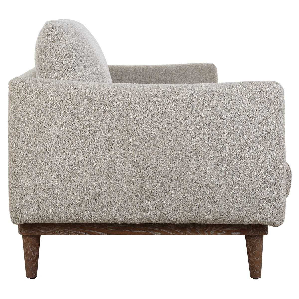 Gray upholstered armchair with wooden legs on a white background