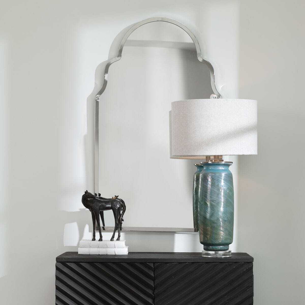 Polished nickel dress mirror scalloped.