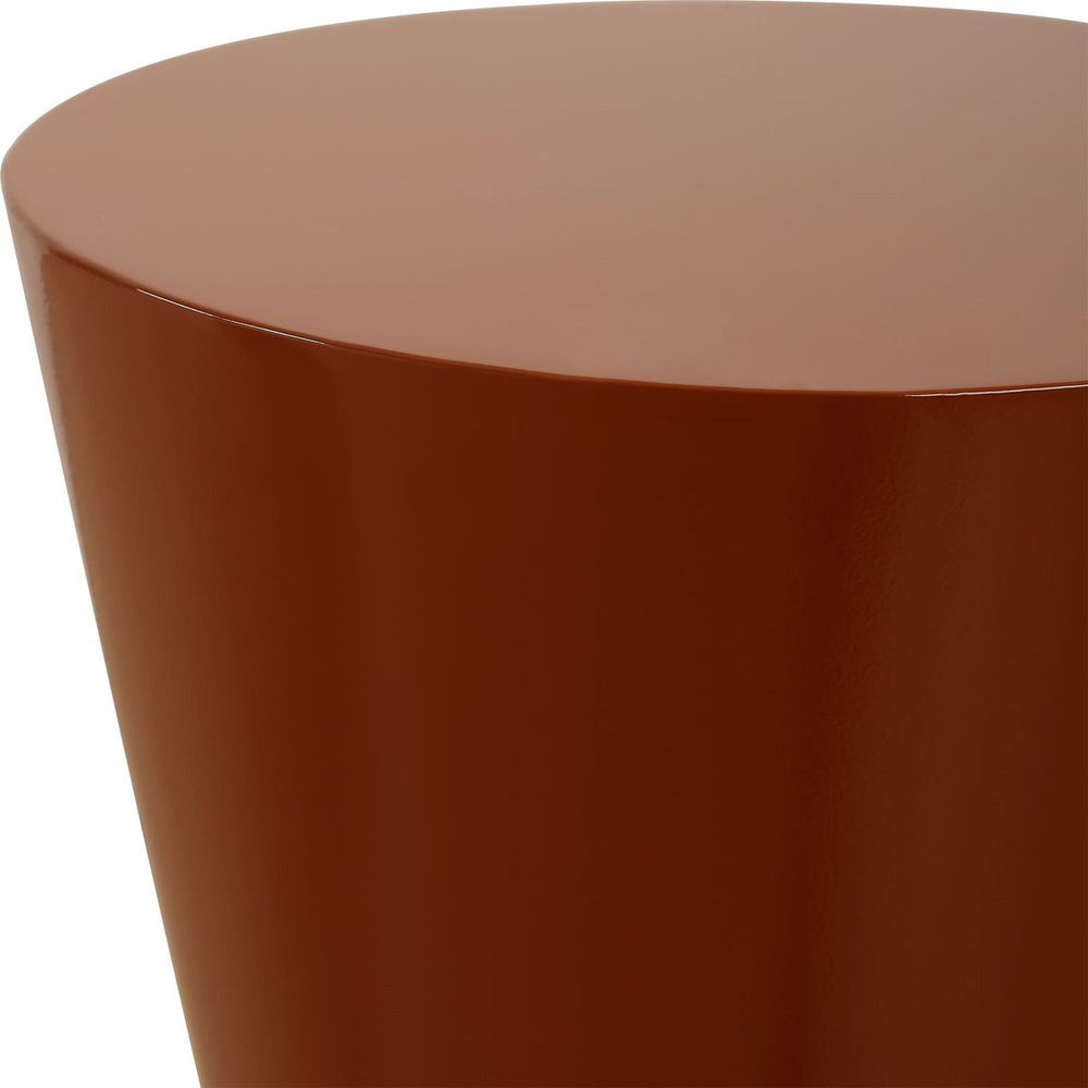 High-gloss pedestal side table surfacae.