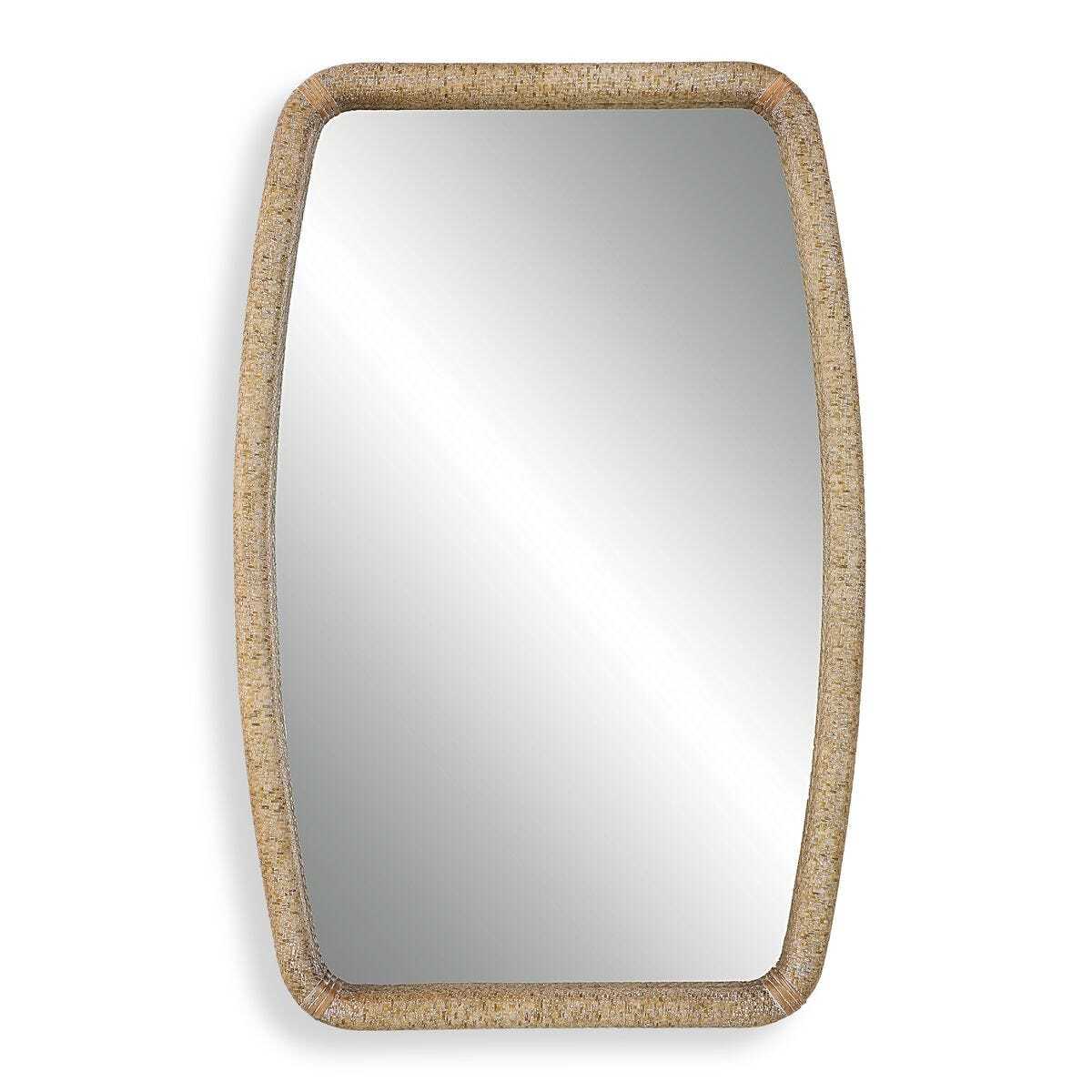 Rectangular mirror with a woven beige frame on a white background