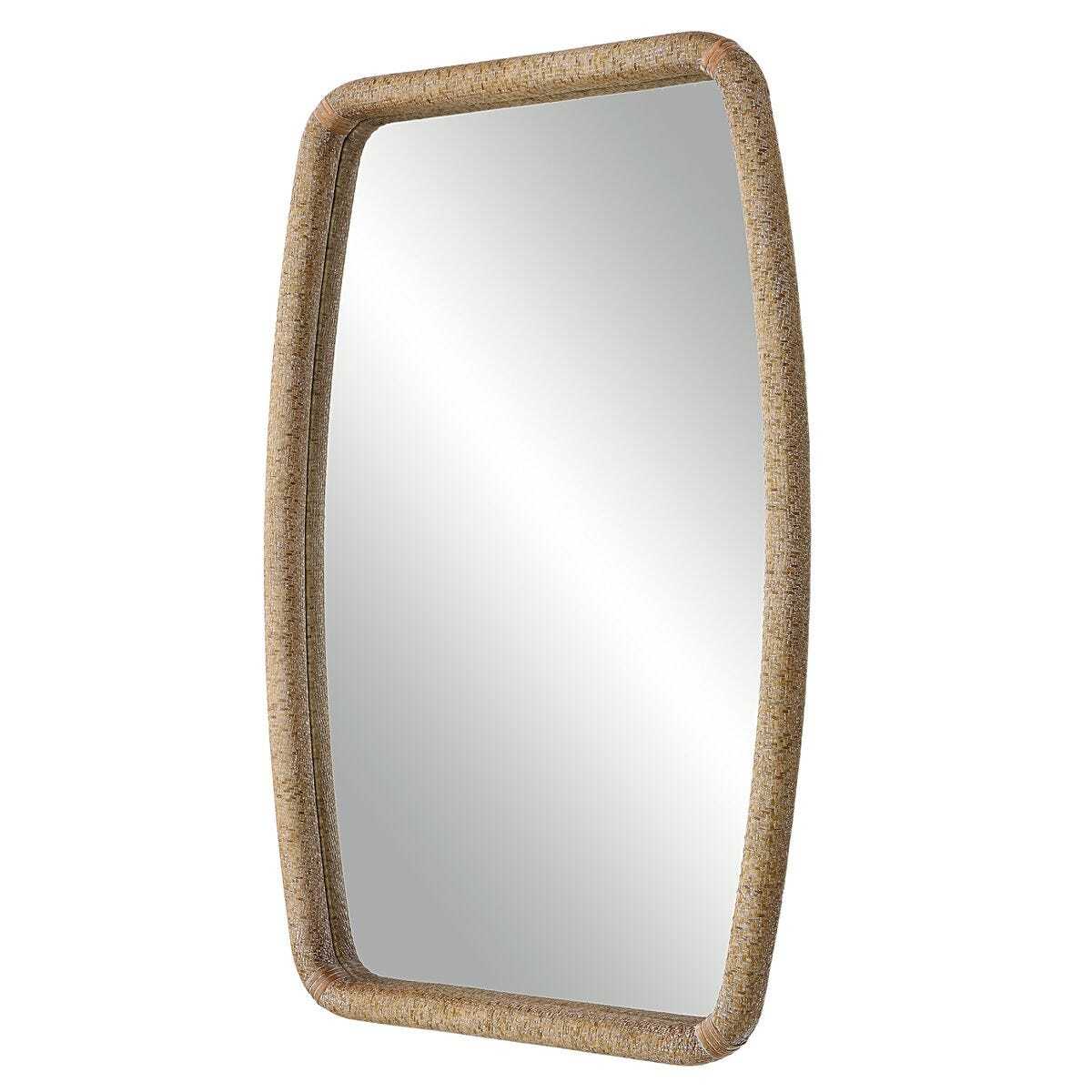 Rectangular mirror with a woven brown frame on a white background