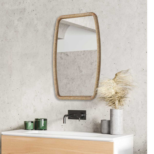 Rectangular mirror with a woven brown frame on a white background