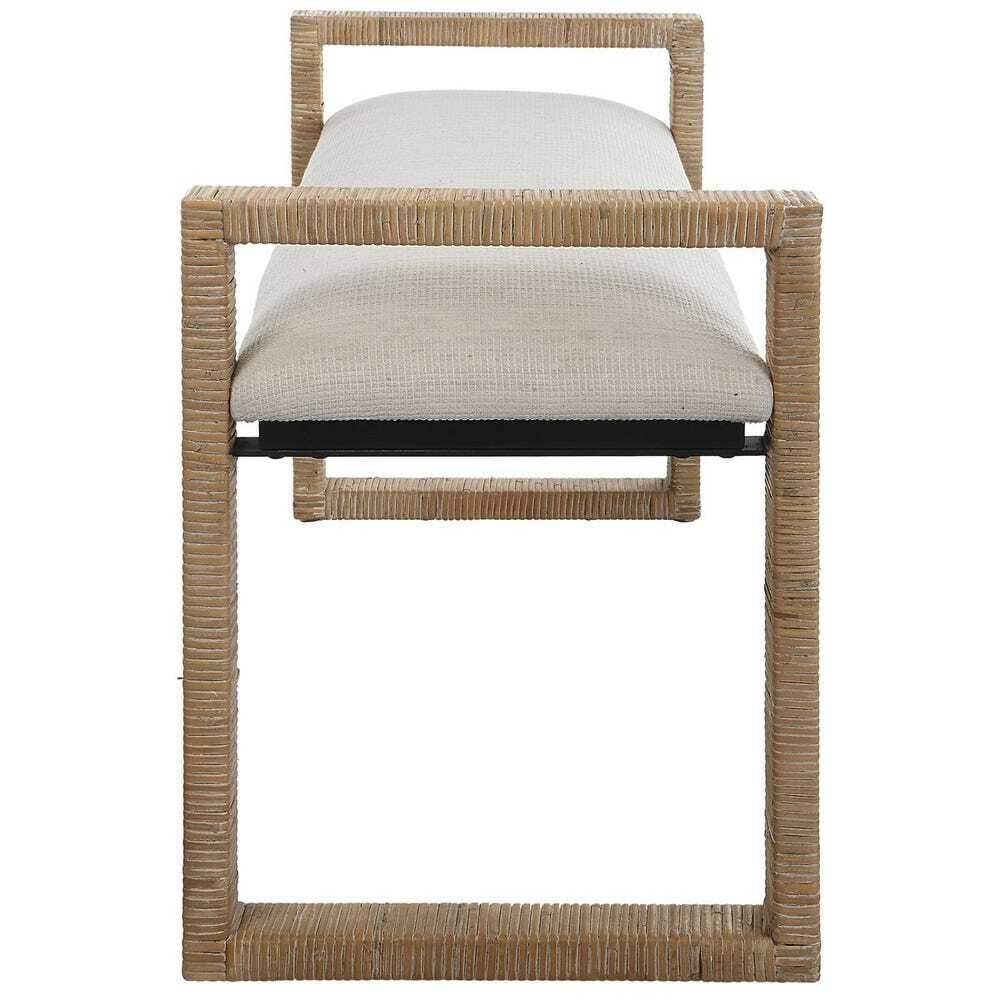 Rattan bench bench with white cushion on a white background