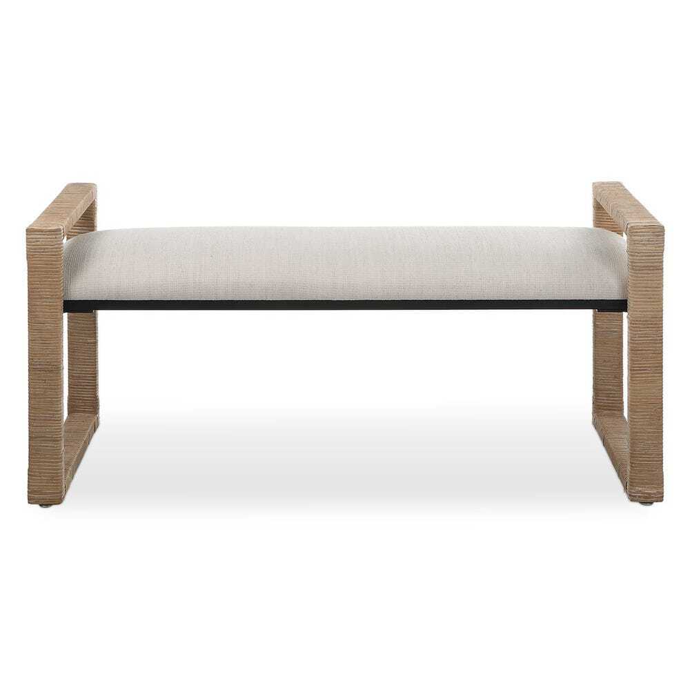 Coastal Rattan Bench with woven frame and cushioned seat on a white background