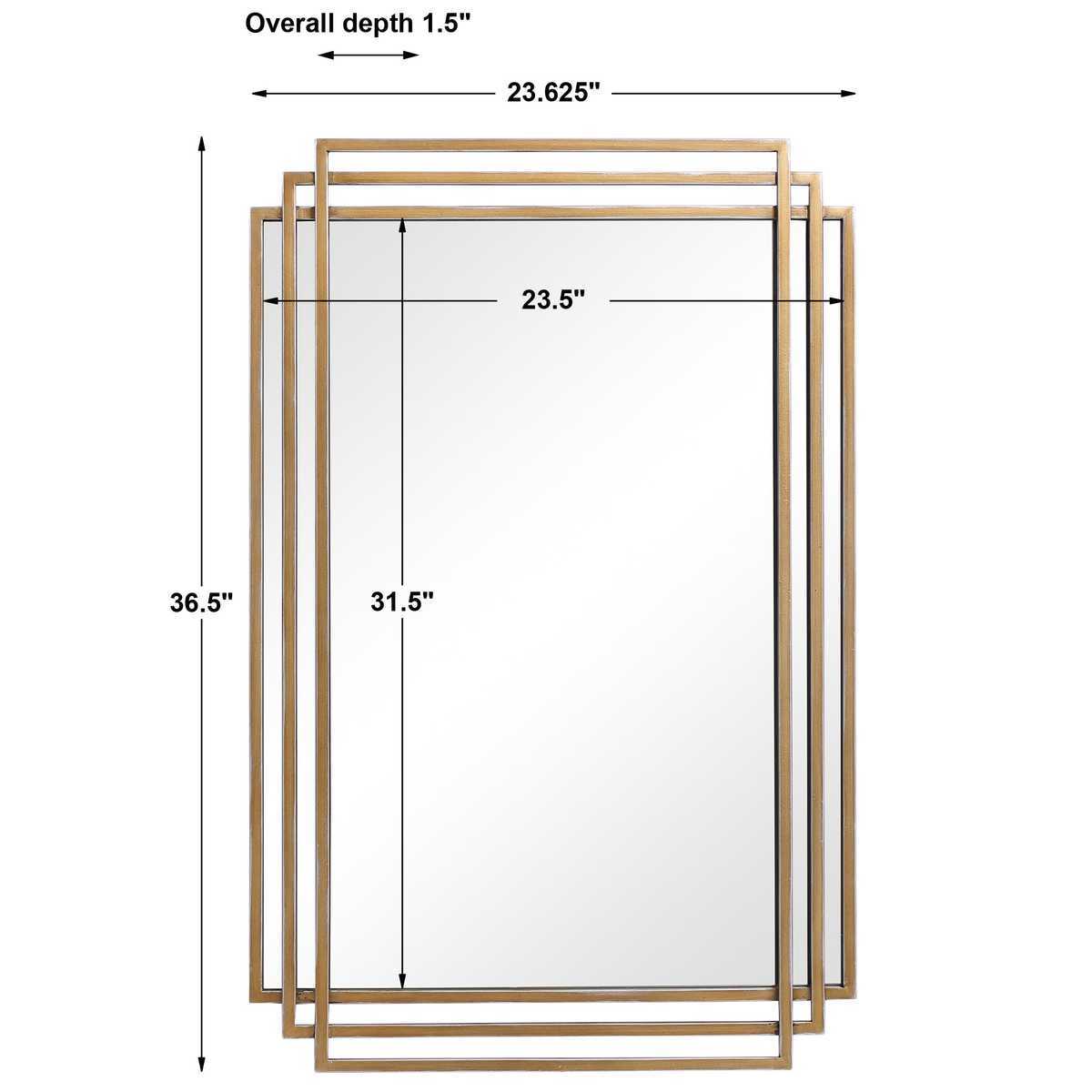Dimensions of a rectangular mirror with gold frame on a white background