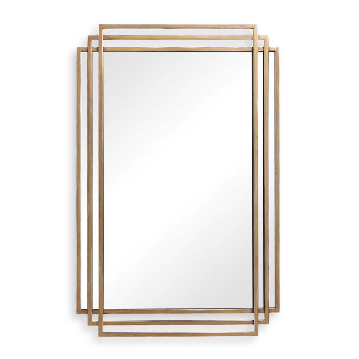 A modern rectangular wall mirror with a slim, multi-layered geometric frame in a brushed gold finish, shown against a plain white background.