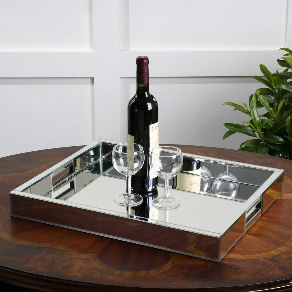 Rectangular Mirrored Tray with wine bottle and glasses.